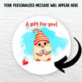 Load image into Gallery viewer, This image shows the holiday sticker with an arrow showing where your personalized message will be printed.