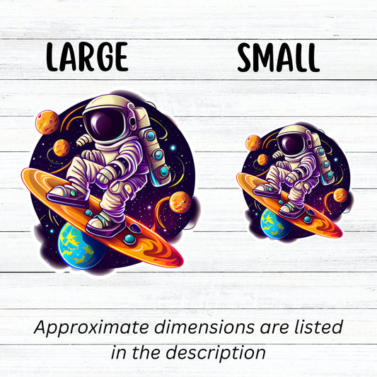 This image shows large and small astronaut surfing stickers next to each other.