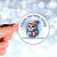Load image into Gallery viewer, This image shows a hand holding the Personalized Holiday Stickers - Blue Owl.