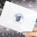 Load image into Gallery viewer, This image shows the Personalized Holiday Stickers - Blue Owl on the back of an envelope.