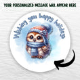 Load image into Gallery viewer, This image shows where your personalized message will be printed on the Personalized Holiday Stickers - Blue Owl.