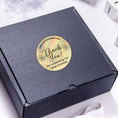 Load image into Gallery viewer, This image shows a gold holographic Thank You Flowers Label on a a box.