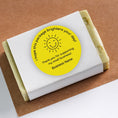 Load image into Gallery viewer, This image shows a yellow Thank You Sunshine Label on a bar of soap.