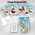 Load image into Gallery viewer, This image shows the Butterfly themed Camp Postcard Kit with descriptions and dimensions for each item.