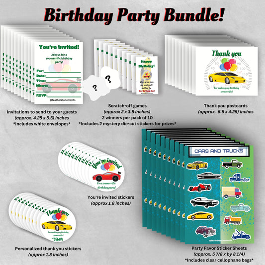 This cover image shows the stickers, scratch-off cards, invitations, postcards, and sticker sheets available in this bundle.