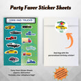 Load image into Gallery viewer, This image shows the cars and trucks sticker sheet included as a party favor, the cellophane bag, and the personalized paper thank you sticker.
