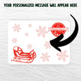 Load image into Gallery viewer, This image shows the holiday sticker with an arrow showing where your personalized message will be printed.