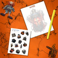 Load image into Gallery viewer, This image shows the Skull Lantern design and matte paper sticker sheet available in the Creepy Notepads.