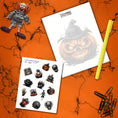 Load image into Gallery viewer, This image shows the Scary Jack-o-Lantern design and matte paper sticker sheet available in the Creepy Notepads.