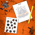 Load image into Gallery viewer, This image shows the Skull and Pumpkins design and matte paper sticker sheet available in the Creepy Notepads.