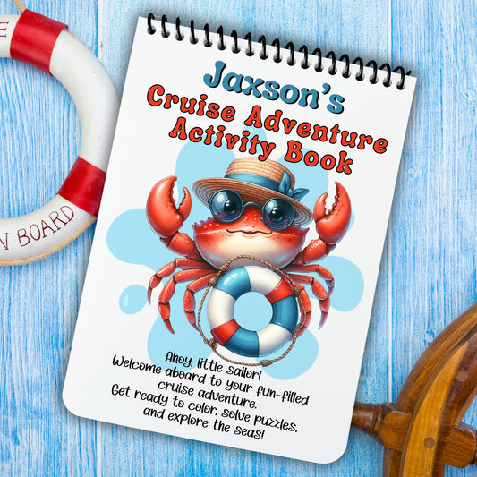 This image shows the cover of the Personalized Kids Cruise 5"x7" Activity Book with 32 pages of activities, sticker sheet, magnets, and crayons - Crab