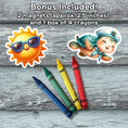 Load image into Gallery viewer, This image shows the 2 magnets and 4 crayons included with the Personalized Kids Cruise 5"x7" Activity Book with 32 pages of activities, sticker sheet, magnets, and crayons - Pirate Whale.