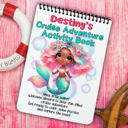 This image shows the cover of the Personalized Kids Cruise 5"x7" Activity Book with 32 pages of activities, sticker sheet, magnets, and crayons - Mermaid 1