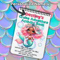 Load image into Gallery viewer, This image shows where the personalized name will be printed on the cover of the Personalized Kids Cruise 5"x7" Activity Book with 32 pages of activities, sticker sheet, magnets, and crayons - Mermaid 1
