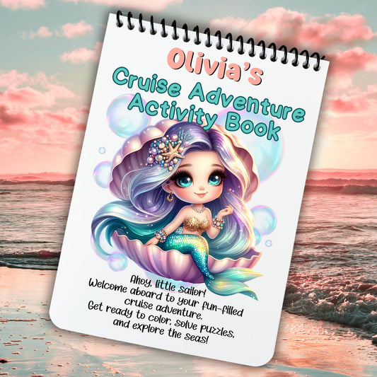 This image shows the cover of the Personalized Kids Cruise 5"x7" Activity Book with 32 pages of activities, sticker sheet, magnets, and crayons - Mermaid 2.
