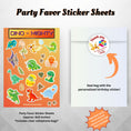 Load image into Gallery viewer, This image shows the dino-mighty sticker sheet included as a party favor, the cellophane bag, and the personalized paper thank you sticker.