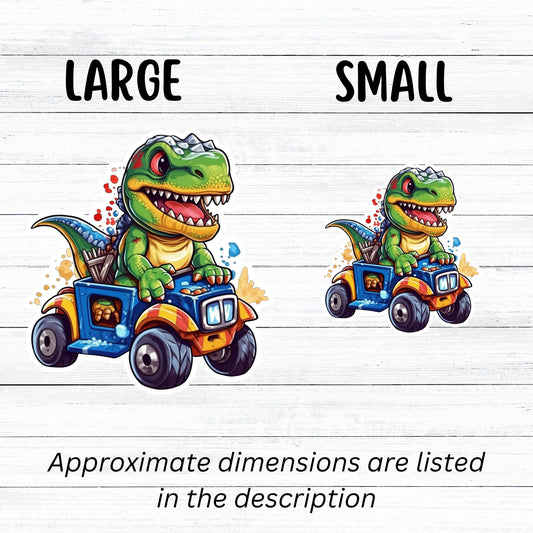 This image shows large and small dino on ATV stickers next to each other.
