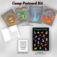 Load image into Gallery viewer, This image shows the Dragon's Lair themed Camp Postcard Kit with descriptions and dimensions for each item.