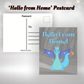 Load image into Gallery viewer, This image shows the Hello from Home postcard with a blue dragon on the front.