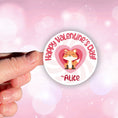 Load image into Gallery viewer, This image shows a hand holding the personalized valentine sticker.