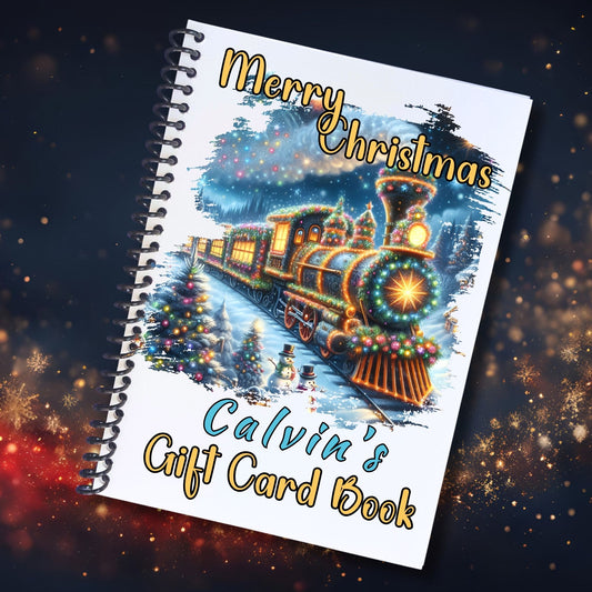 This image shows the 6 Page Personalized Christmas Gift Card Book with Stickers and PVC Cover - Train.
