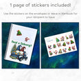 Load image into Gallery viewer, This image shows how you can use the matte paper sticker sheet included in the 6 Page Personalized Christmas Gift Card Book with Stickers and PVC Cover - Christmas Dog.