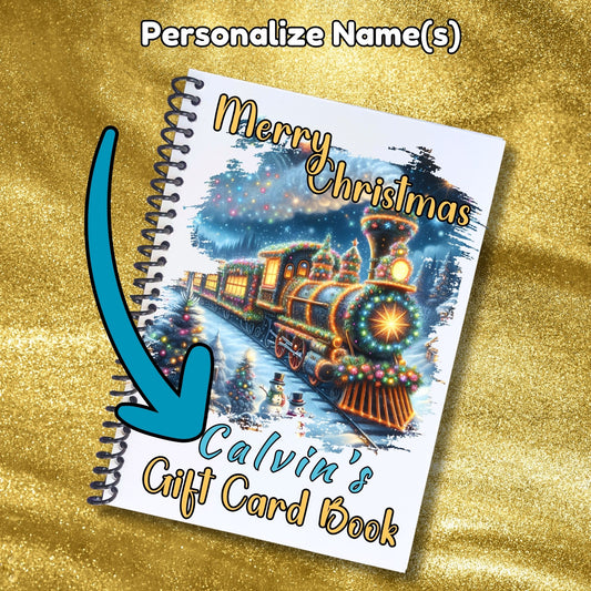 This image shows where your personalized name will be printed on the 6 Page Personalized Christmas Gift Card Book with Stickers and PVC Cover - Train.