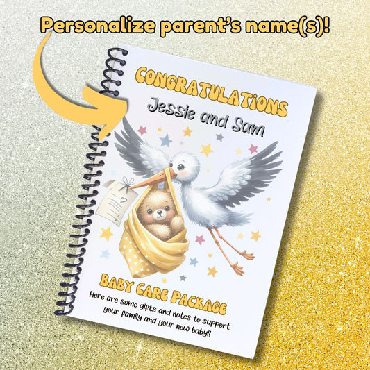 This image shows where the personalization is on the cover of the Personalized Baby Gift Card Book with Stickers - Stork.