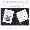 Load image into Gallery viewer, This image shows the included matte sticker sheet and examples of how you can apply them to the Personalized Birthday 5"x7" Gift Card Book with Stickers and PVC Cover - Birthday Cake.