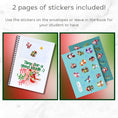 Load image into Gallery viewer, This image shows one of the pages with stickers attached, and the two matte paper sticker sheets included with the Personalized Christmas Gift Card Book with Stickers and PVC Cover - Christmas Santa.