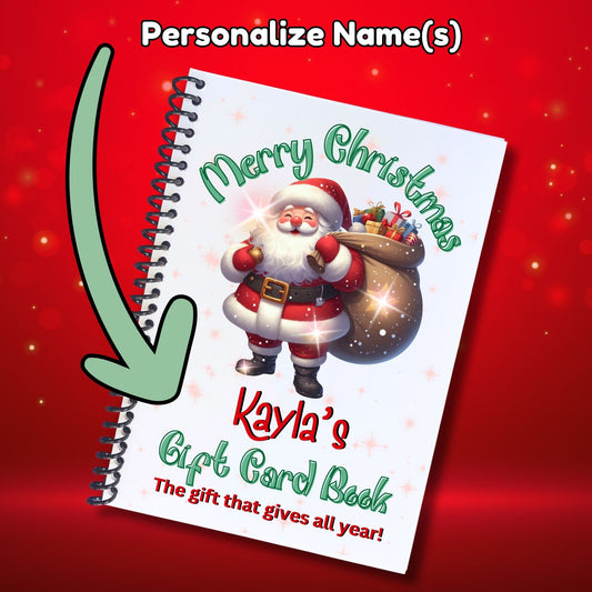 This image shows where your personalized name will be printed on the Personalized Christmas 12 Month Gift Card Book with Stickers and PVC Cover - Santa Standing.
