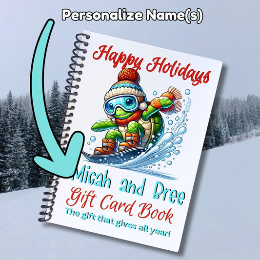 This image shows where your personalized name will be printed on the Personalized Christmas 12 Month Gift Card Book with Stickers and PVC Cover - Snowboarding Turtle.