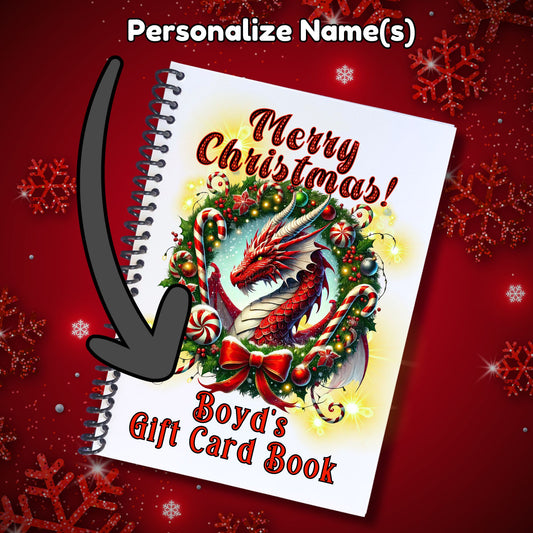 This image shows where your personalized name will be printed on the Personalized Christmas Gift Card Book with Stickers and PVC Cover - Dragon.