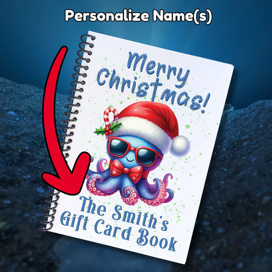 This image shows where your personalized name will be printed on the Personalized Christmas Gift Card Book with Stickers and PVC Cover - Octopus.