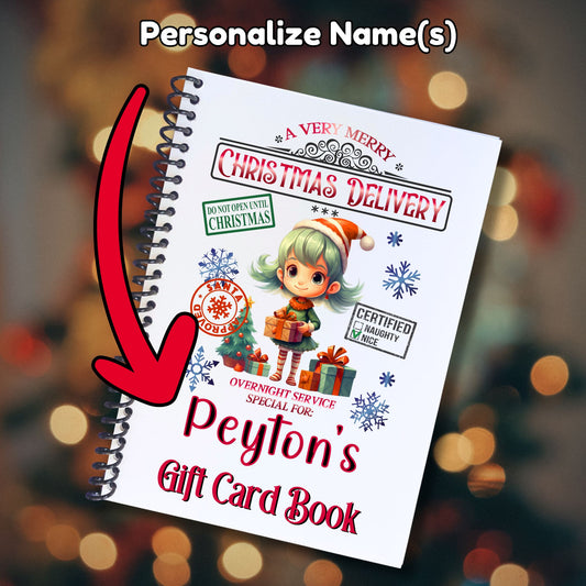 This image shows where your personalized name will be printed on the Personalized Christmas Gift Card Book with Stickers and PVC Cover - Female Elf.