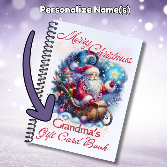 This image shows where your personalized name will be printed on the Personalized Christmas Gift Card Book with Stickers and PVC Cover - Santa Sleigh Star.