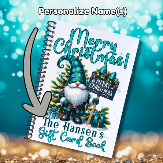 This image shows where your personalized name will be printed on the Personalized Christmas Gift Card Book with Stickers and PVC Cover - Gnome.