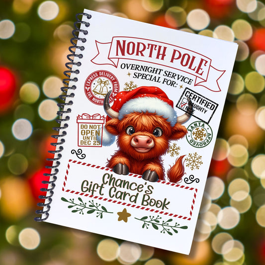 This image shows the cover of the Personalized Christmas Gift Card Book with Stickers and PVC Cover - Christmas Cow.