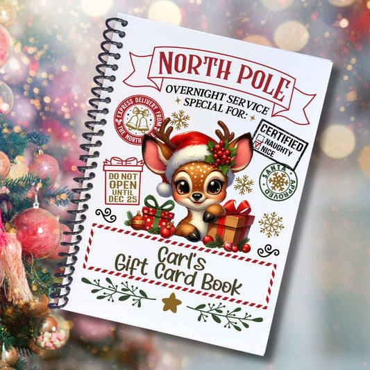 This image shows the cover of the Personalized Christmas Gift Card Book with Stickers and PVC Cover - Christmas Deer.