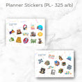Load image into Gallery viewer, This image shows the two pages of matte paper stickers included in the Personalized College Gift Card Book with Stickers and PVC Cover - Laptop Purple.