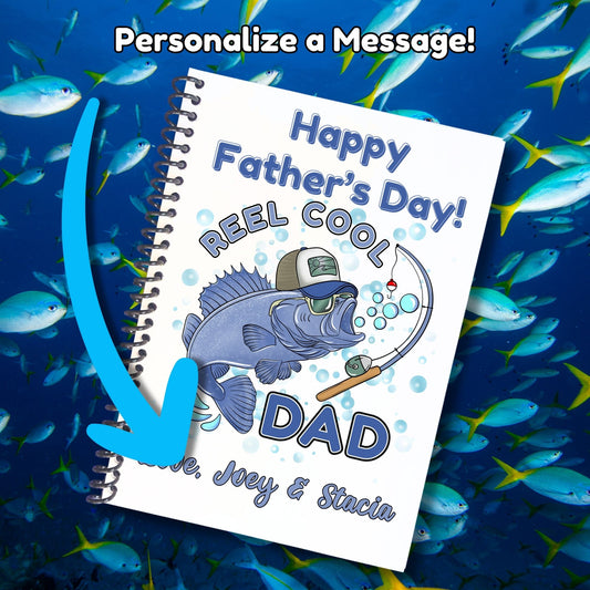 This image shows where your personalized message will be printed on the Personalized Father's Day Compact 5"x7" Gift Card Book with Stickers and PVC Cover - Reel Cool Dad.