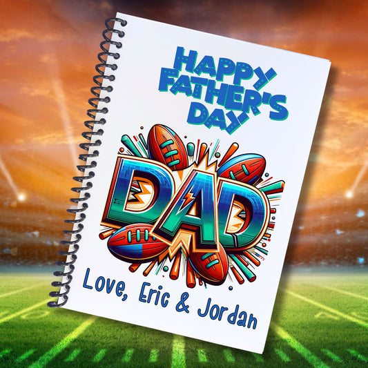 This image shows the Personalized Father's Day Compact 5"x7" Gift Card Book with Stickers and PVC Cover - Football Dad.