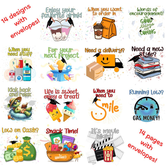 This image shows the 14 designs included in the Personalized Grad Gift Card Book with Stickers and PVC Cover - Congrats.