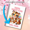 Load image into Gallery viewer, This image shows where your personalized name(s) will be printed on the Personalized Mother's Day Compact 5"x7" Gift Card Book with Stickers and PVC Cover - Tiger.