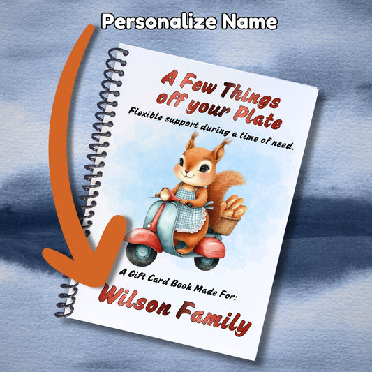 This image shows where your personalized message will be printed on the cover of the Personalized Small Acts of Care Gift Card Book with Stickers and PVC Cover - A Few Things Off Your Plate