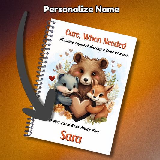 This image shows where your personalized message will be printed on the Personalized Small Acts of Care Gift Card Book with Stickers and PVC Cover - Care When Needed.