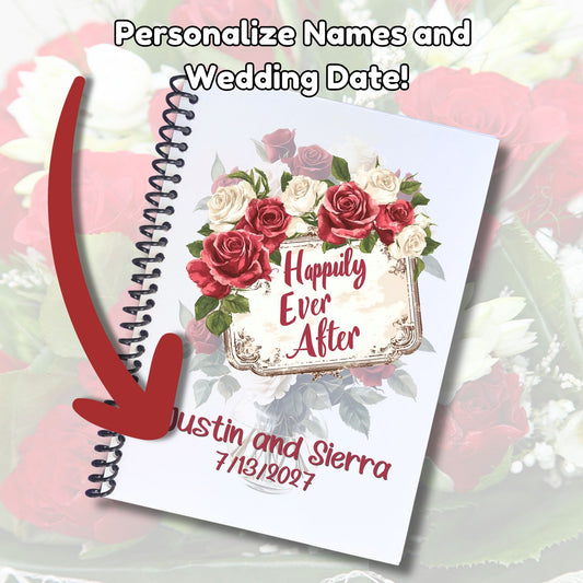 This image shows where your personalized names and date are printed on the Personalized Wedding Gift Card Book with Stickers and PVC Cover - Happily Ever After.