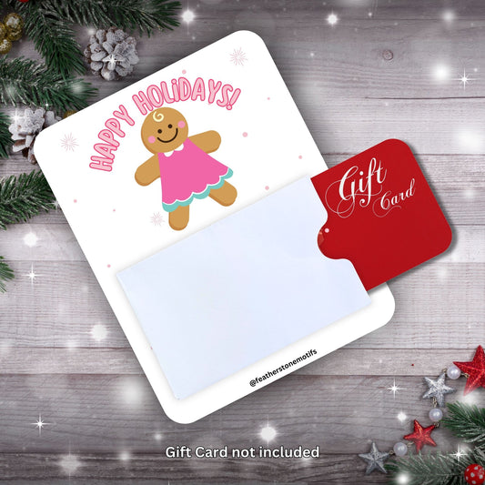 This image shows a gift card partially inside the Pink Gingerbread Gift Card Holder Money Card.