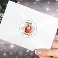 Load image into Gallery viewer, This image shows the Personalized Holiday Stickers - Reindeer Mug on the back of an envelope.