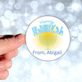 Load image into Gallery viewer, This image shows a hand holding the Personalized Holiday Stickers - Happy Hanukkah.
